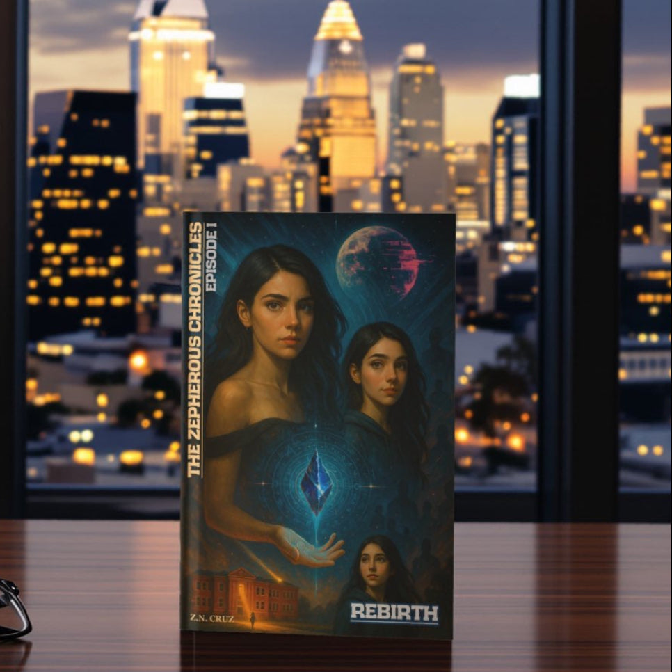Book titled 'Rebirth' by Z.N. Cruz on a table with a cityscape background